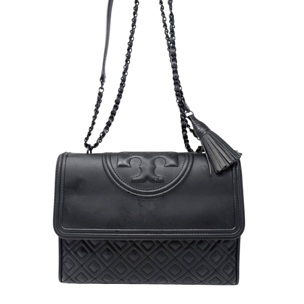 Tory Burch Fleming Convertible Black Leather‎ Chain Shoulder Bag